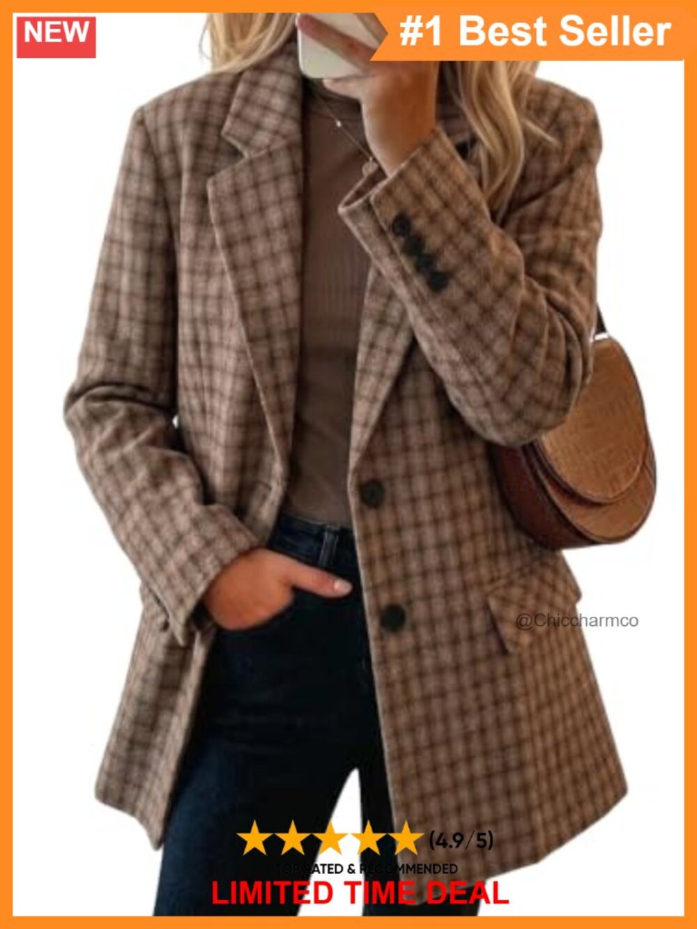 Wool Blend Houndstooth Plaid Notch Lapel Blazer Business Casual